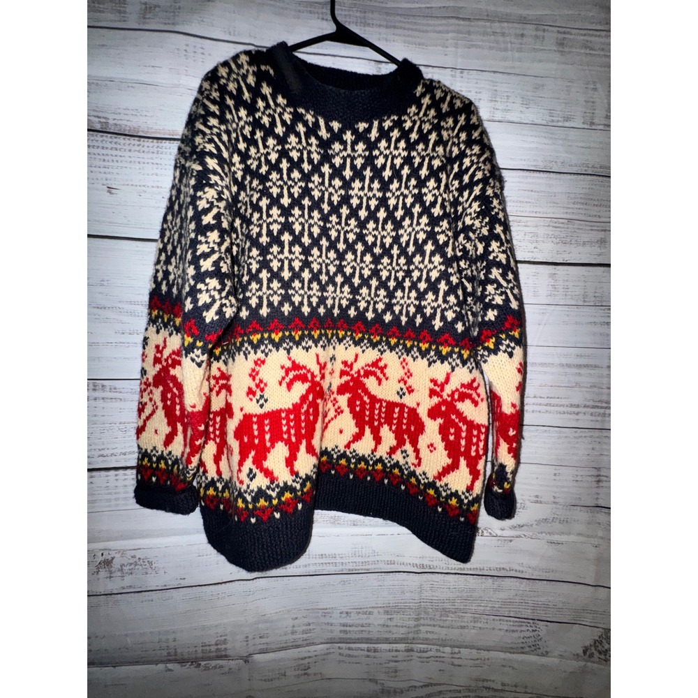 Eddie Bauer Vintage 100% Wool Fair Isle Reindeer Sweater Navy Red Womens Large